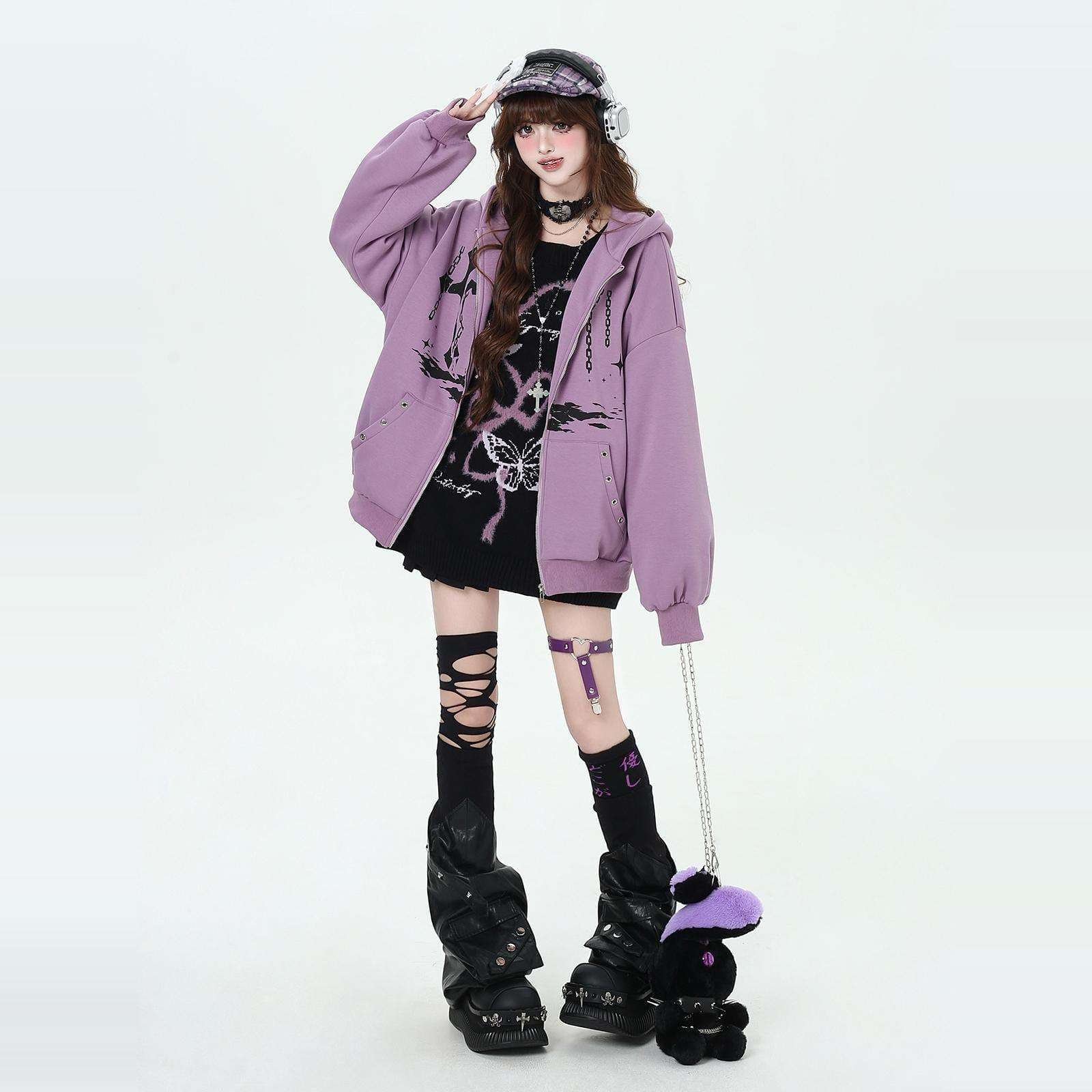 パンクファッション 十字架装飾 モード系ジップパーカー