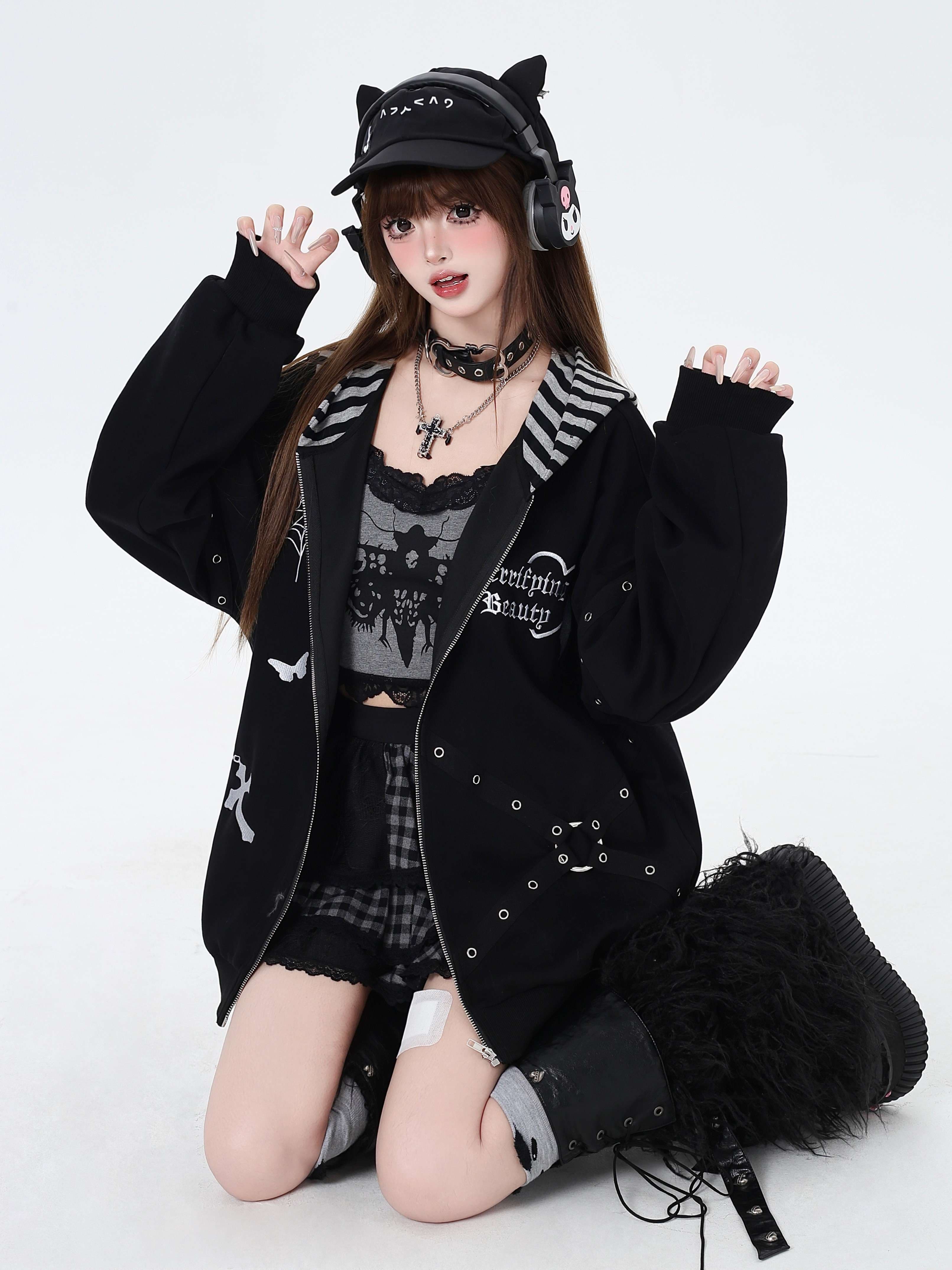 パンクファッション オーバーサイズジップパーカー