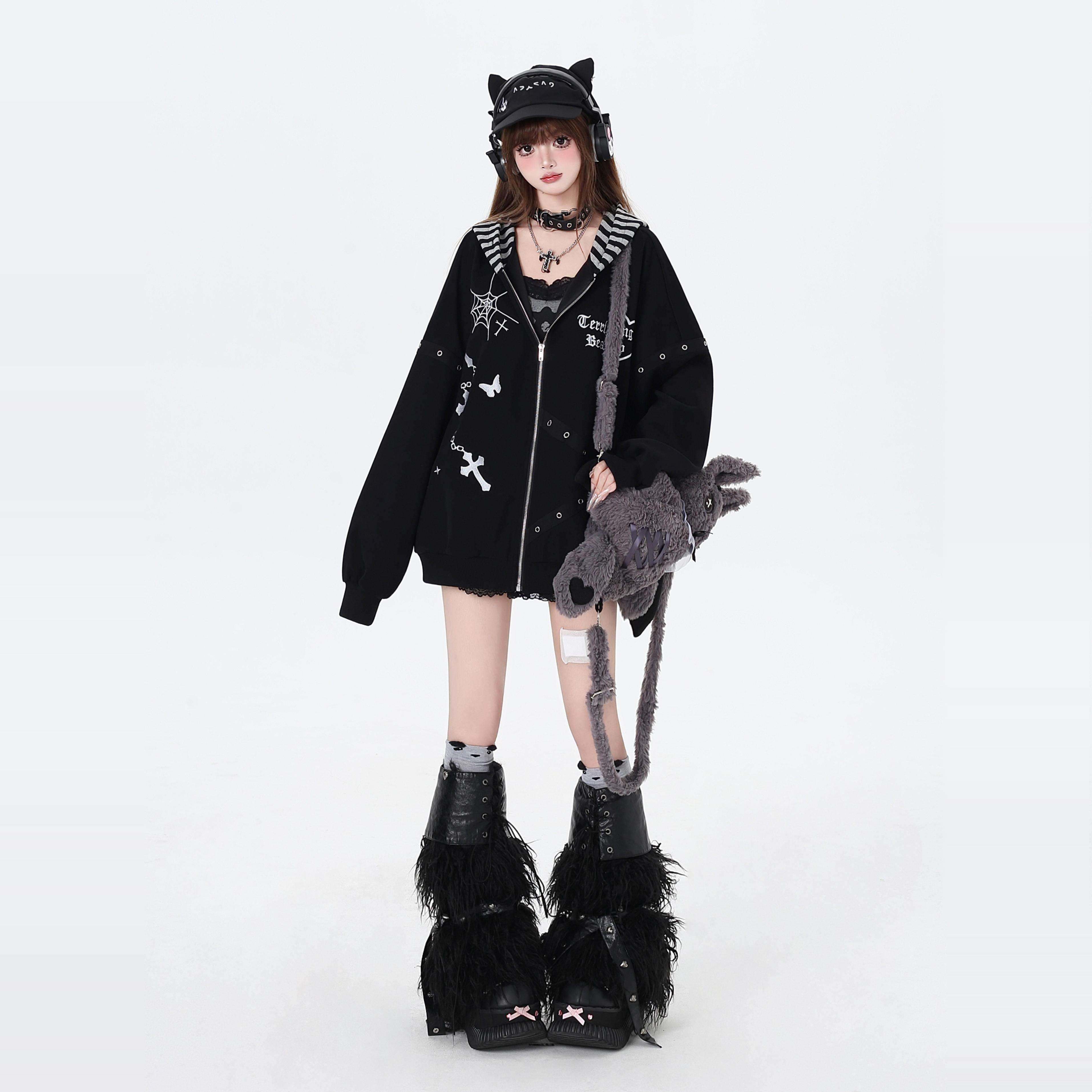 パンクファッション オーバーサイズジップパーカー