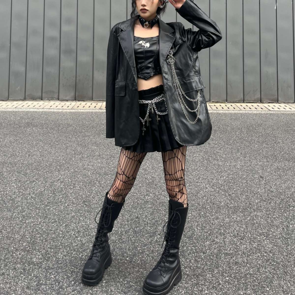パンクファッション チェーン付きオーバーサイズレザージャケット