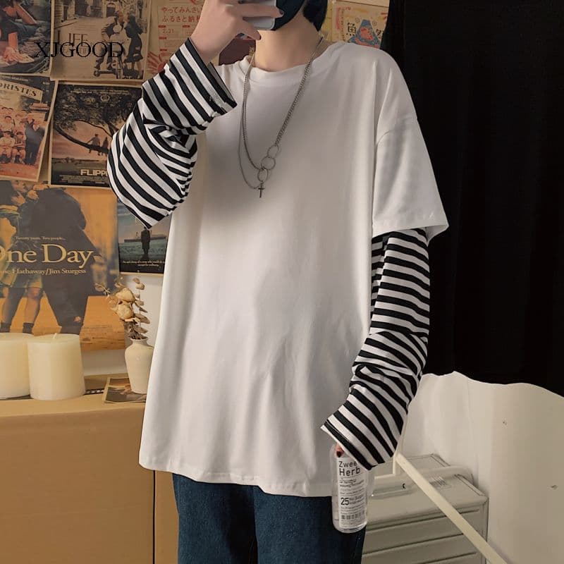 パンクファッション ストライプ切替オーバーサイズ長袖シャツ