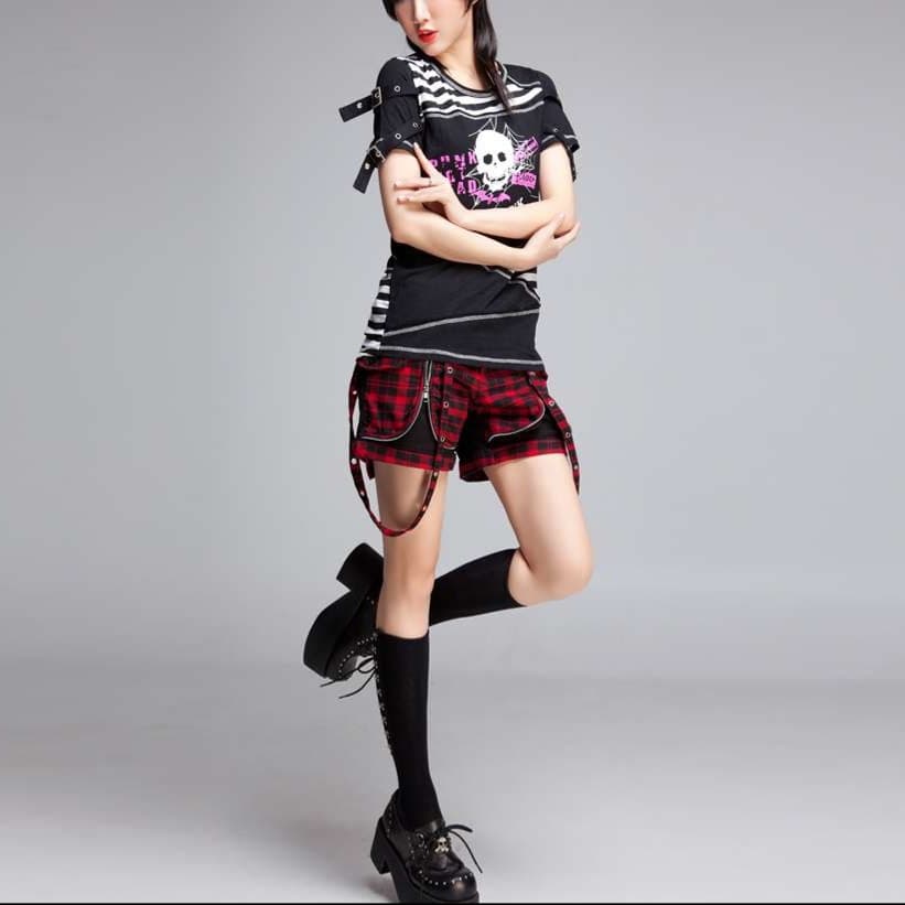 パンクファッション  パンクロック風チェック柄ショートパンツ
