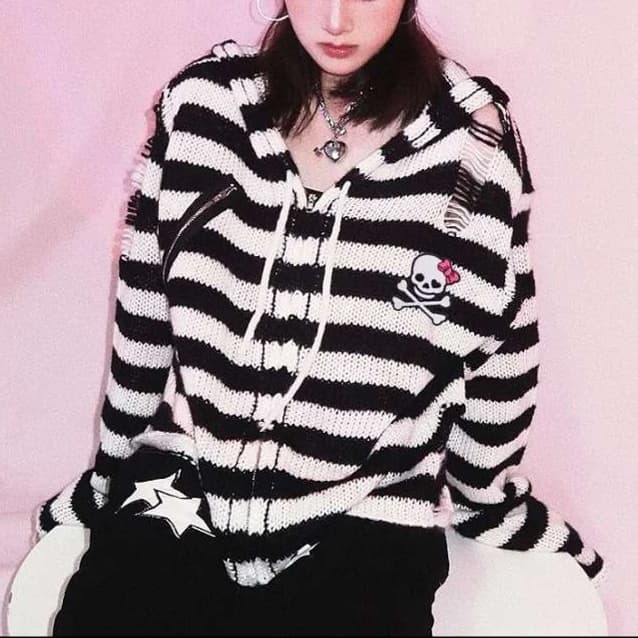 パンクファッション  ボーダーニットパーカー