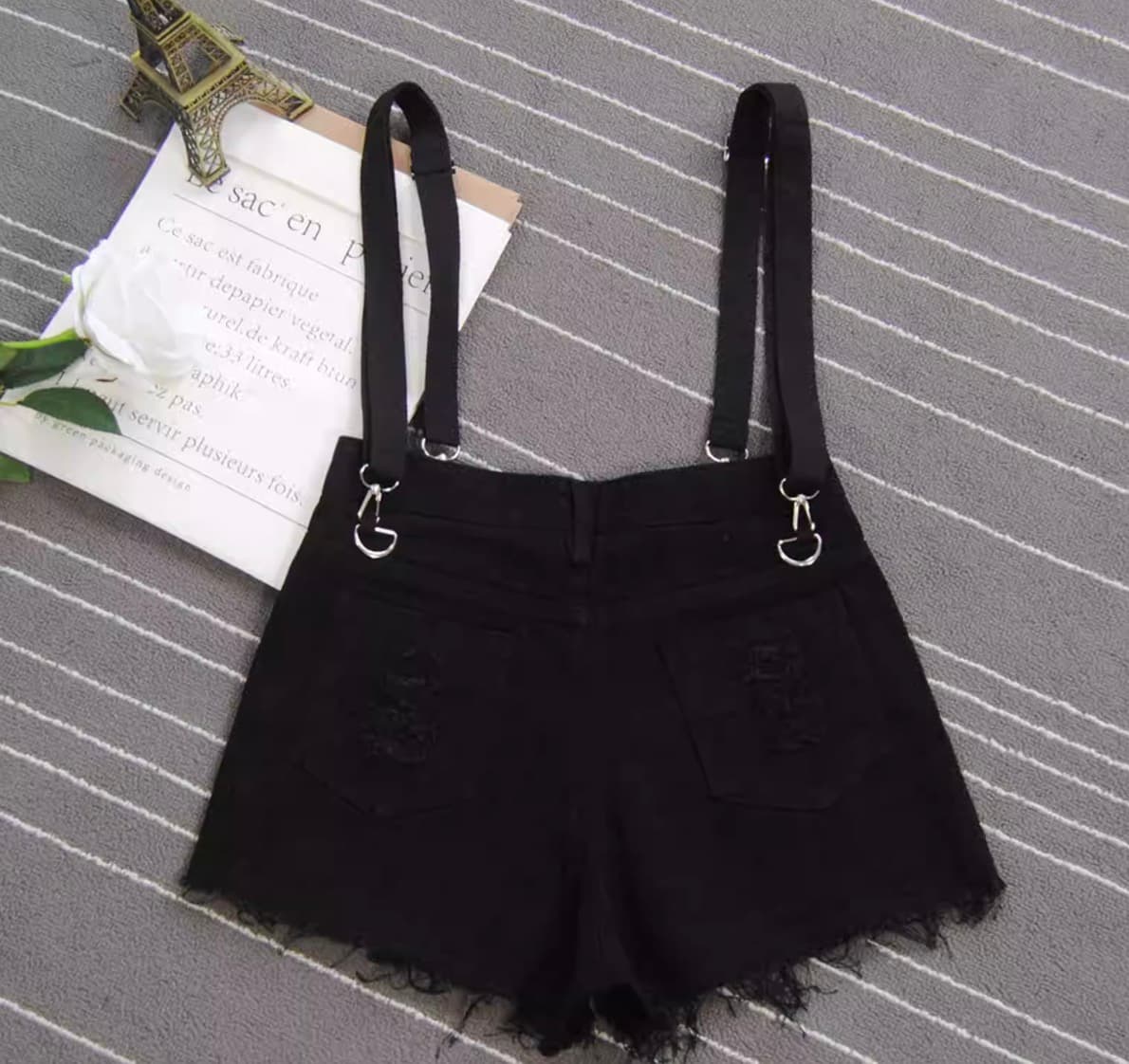 パンクファッション  サスペンダー付きダメージデニムショートパンツ