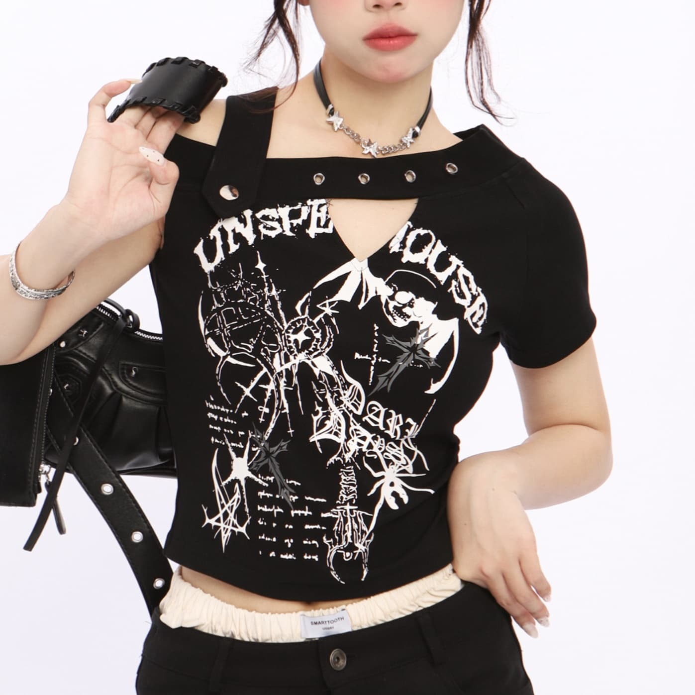 パンクファッション  スカルプリントパンクロックTシャツ