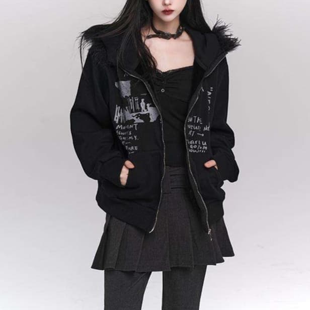 パンクファッション フェザーフード付きジッパーパーカー