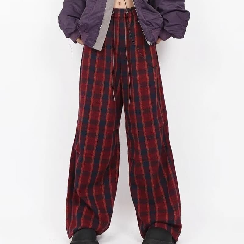 パンクファッション ワイドチェックロングストレートパンツ
