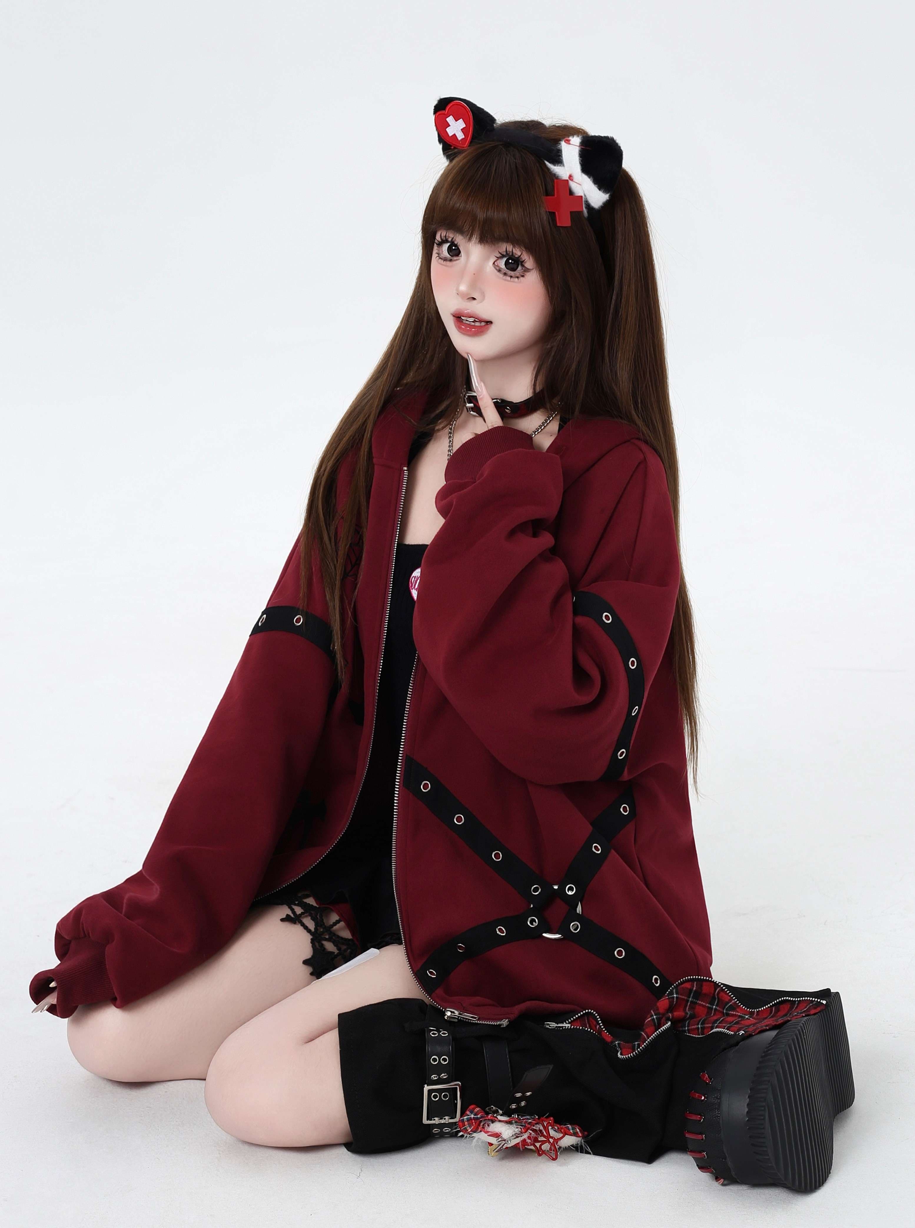 パンクファッション オーバーサイズジップパーカー