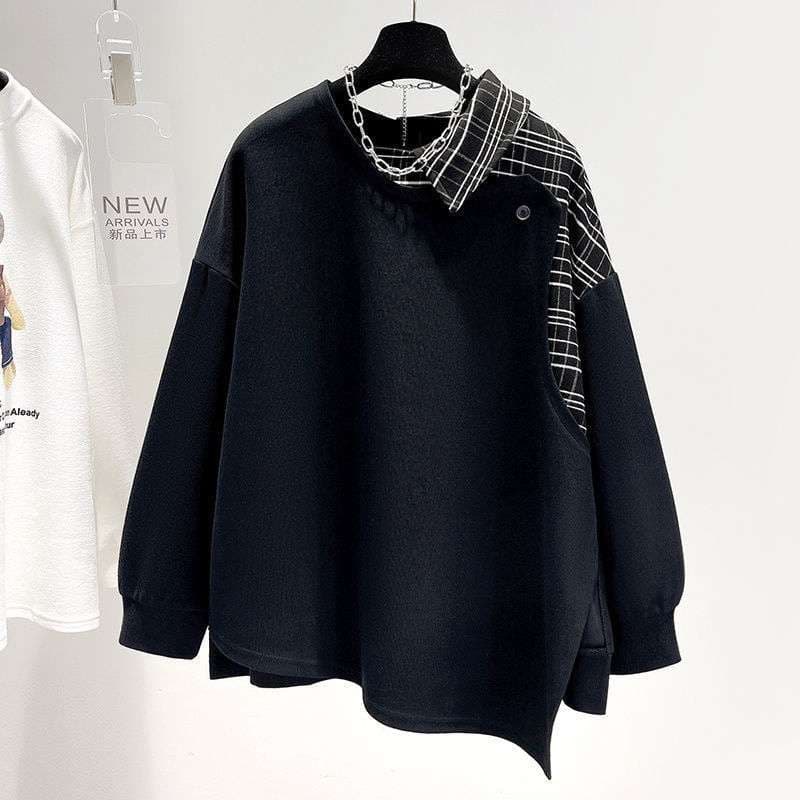 パンクファッション  チェック柄アシンメトリーパンクスウェット