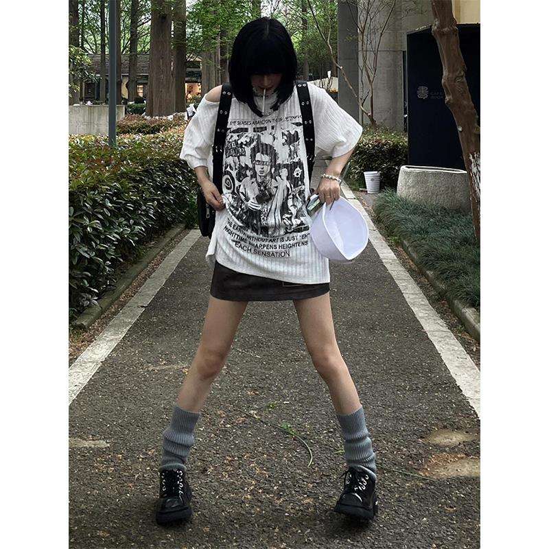 パンクファッション  スカル柄ゴシックオーバーサイズTシャツ トップス