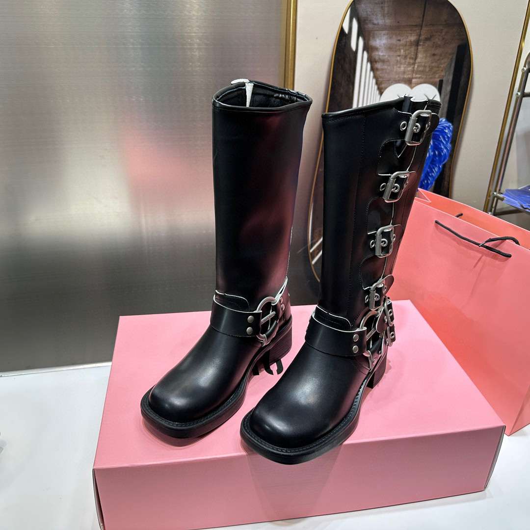 パンクファッション バックル付きロングブーツ
