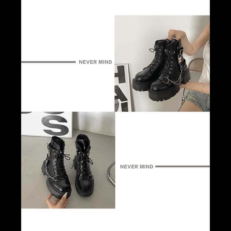 パンクファッション 厚底ベルトブーツ レースアップ 合皮レザー パンク系 靴