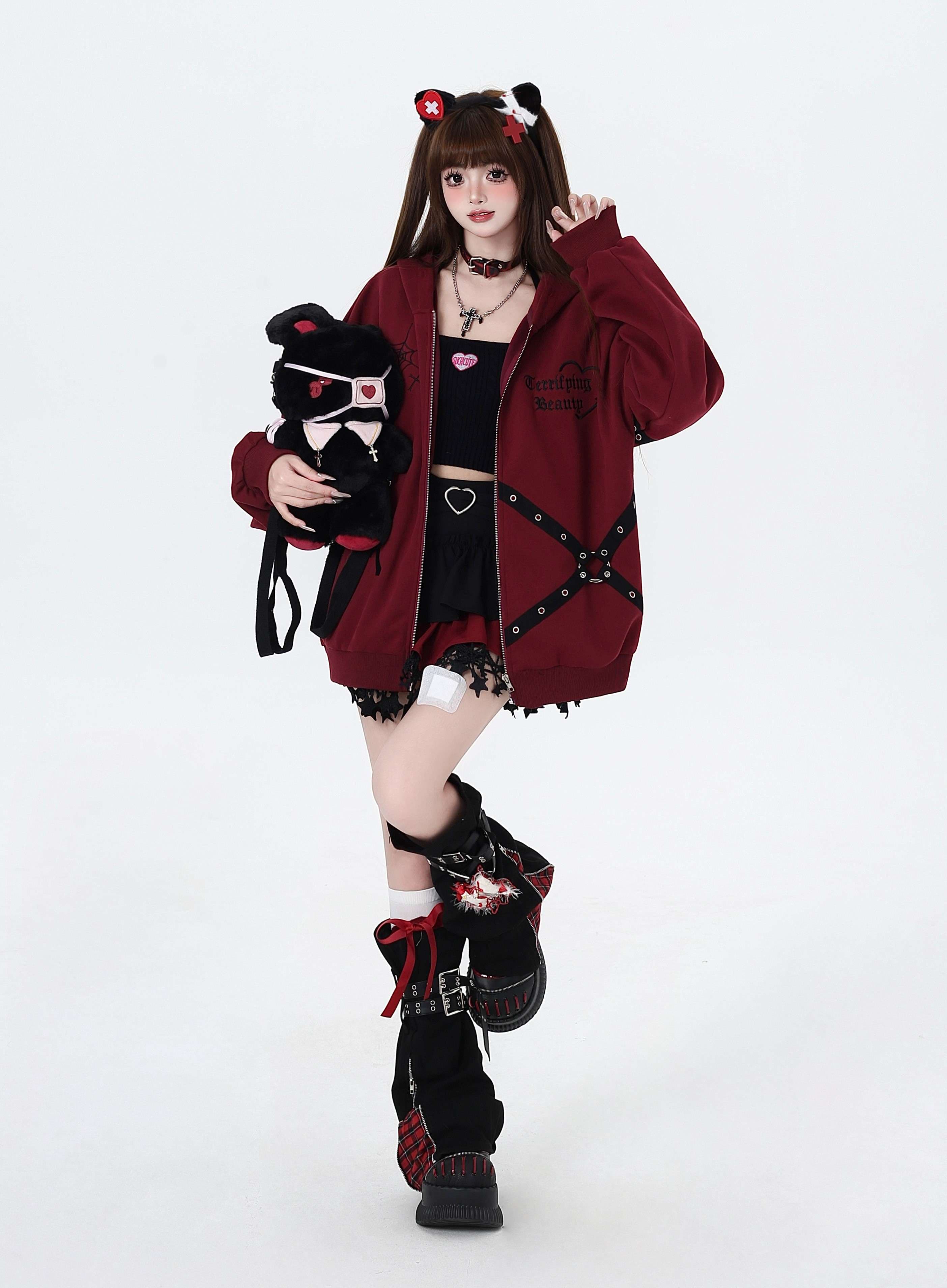 パンクファッション オーバーサイズジップパーカー