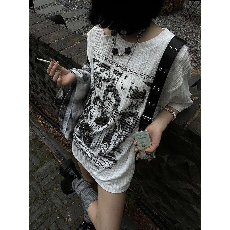 パンクファッション  スカル柄ゴシックオーバーサイズTシャツ トップス