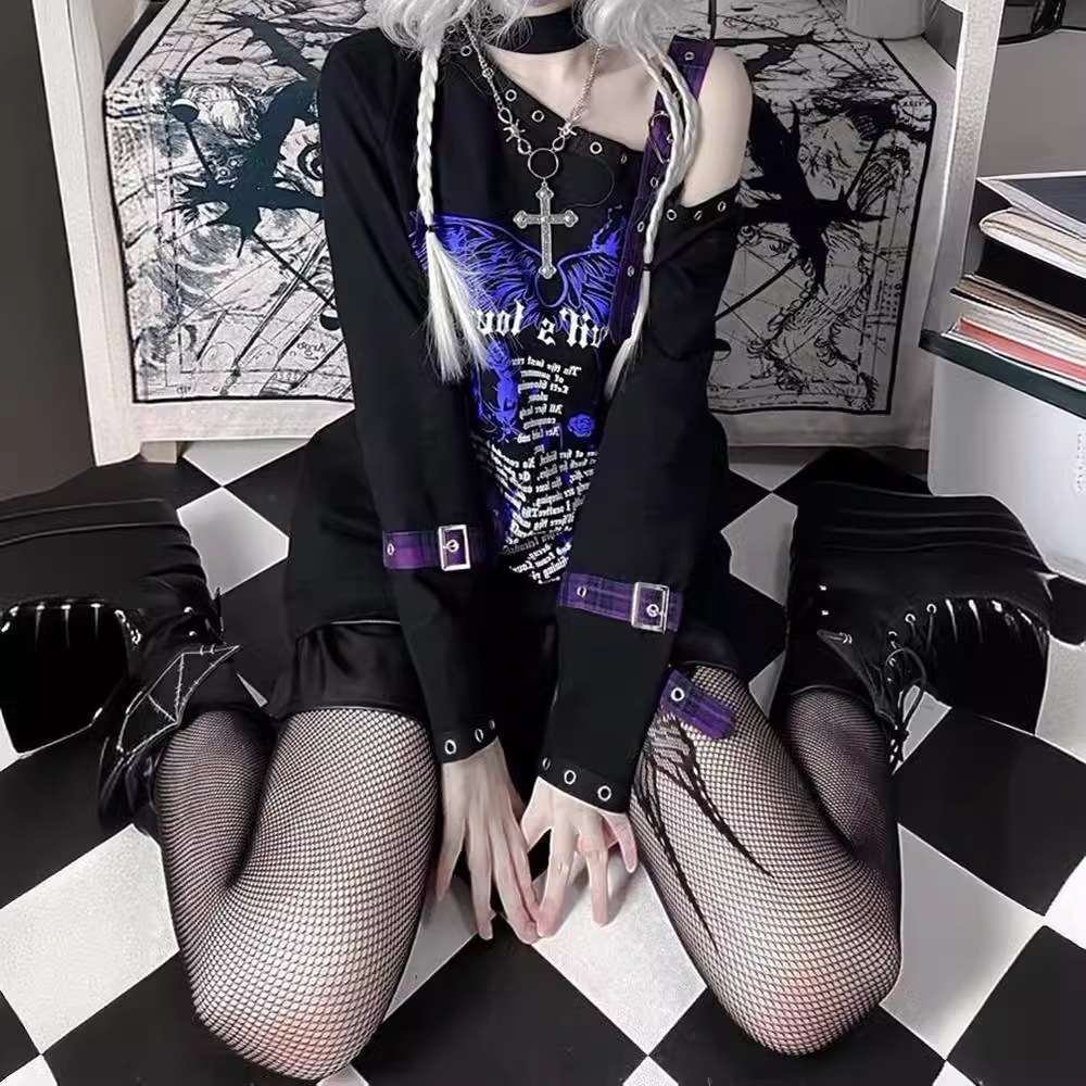 パンクファッション  ゴシックパンク風ウィング柄プリント長袖トップス