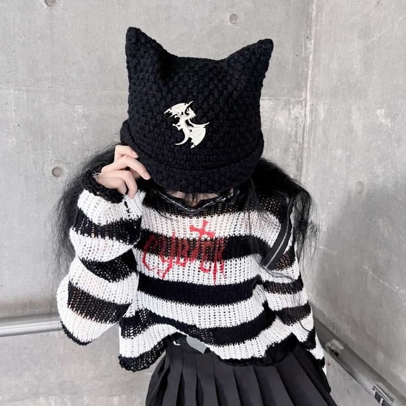パンクファッション 猫耳付きy2k小悪魔風ニット帽