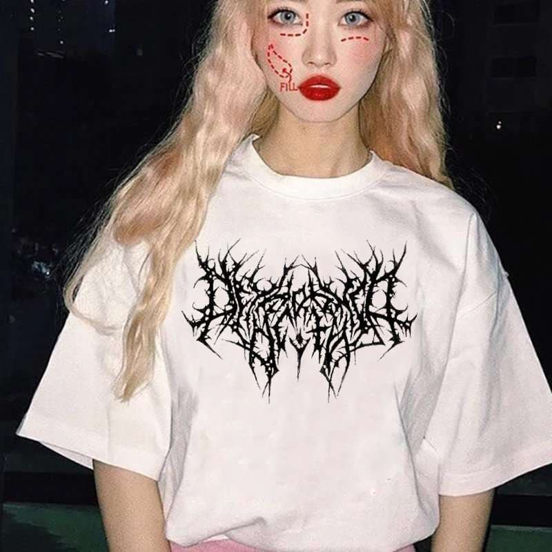 パンクファッション  メタル風ロゴプリント半袖Tシャツ