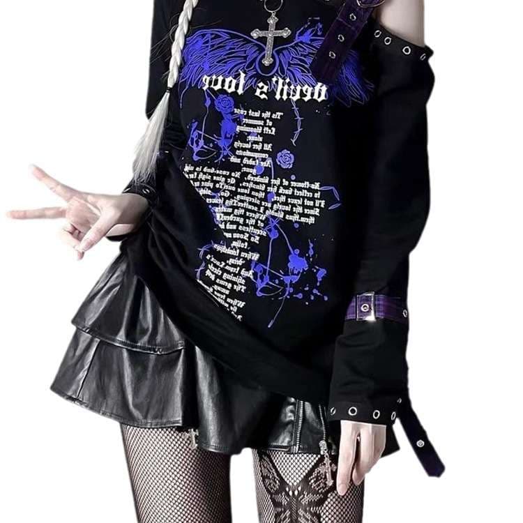 パンクファッション  ゴシックパンク風ウィング柄プリント長袖トップス