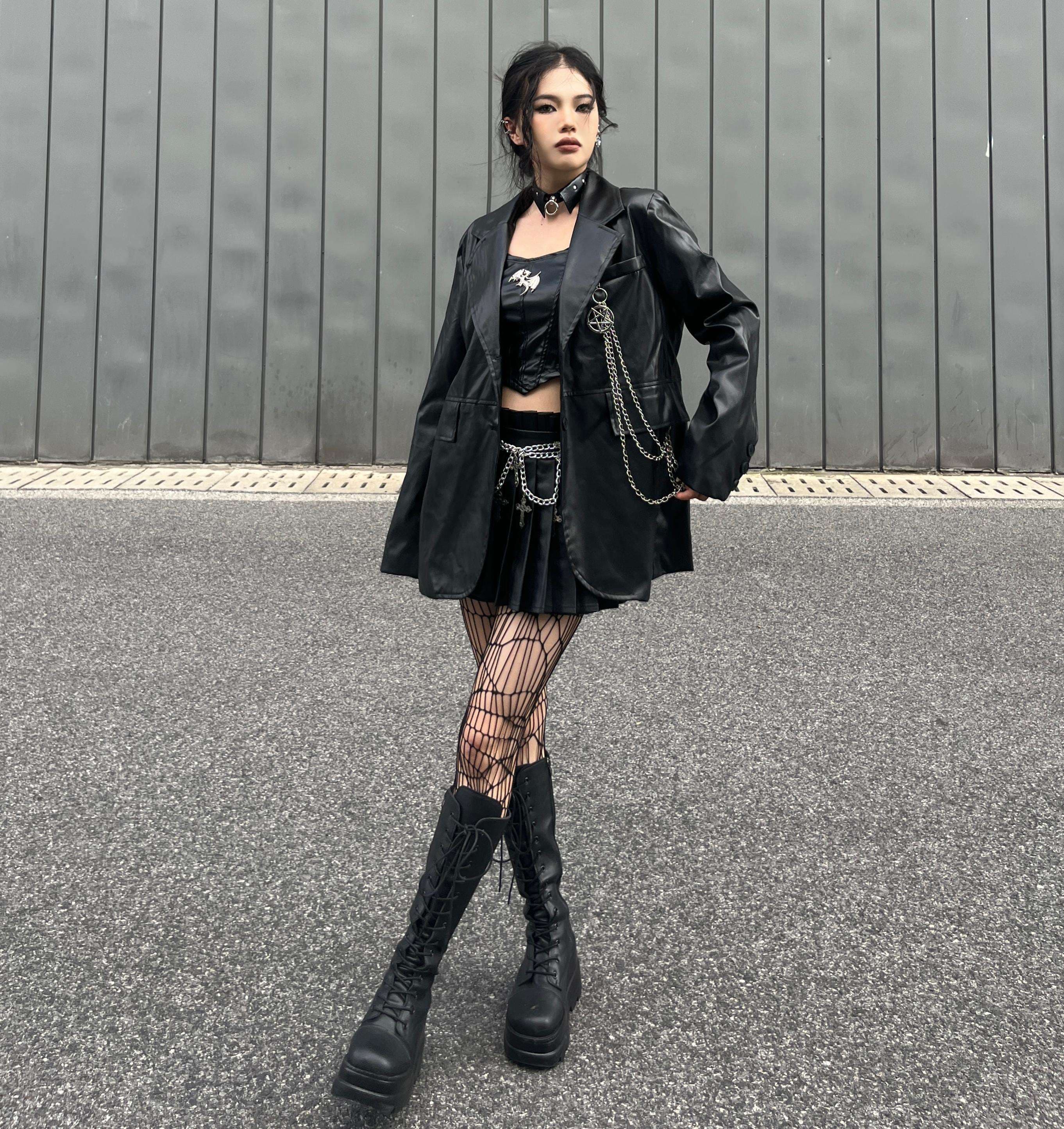 パンクファッション チェーン付きオーバーサイズレザージャケット