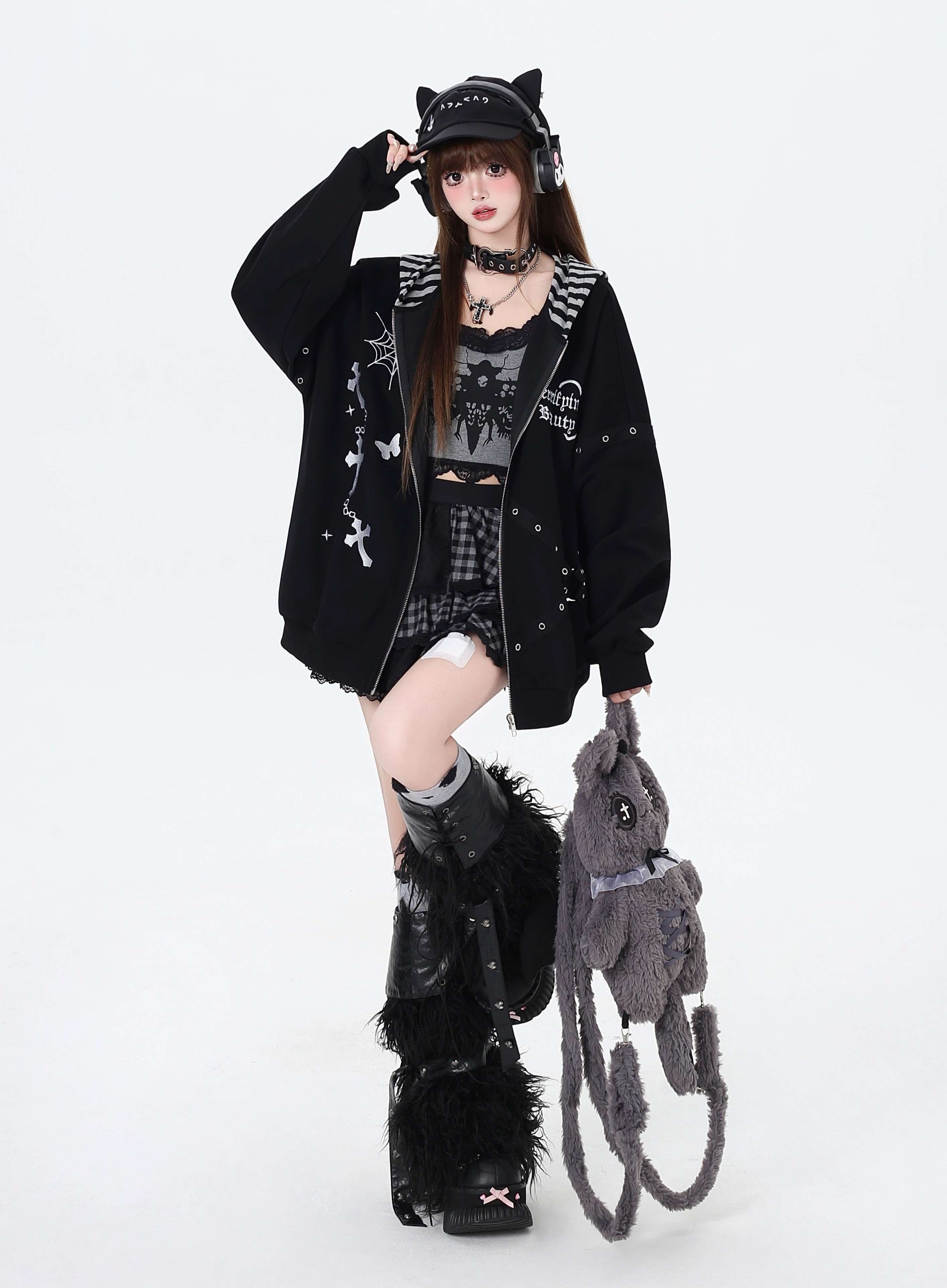 パンクファッション オーバーサイズジップパーカー