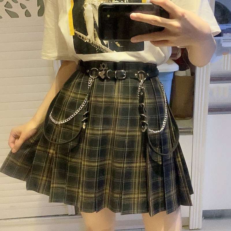 パンクファッション 反逆のチェックスカートベルトセット