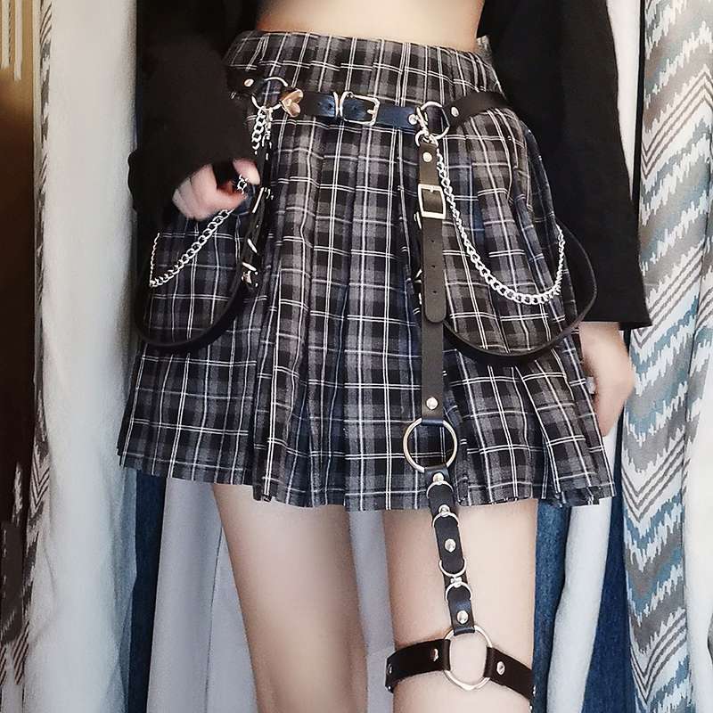 パンクファッション 反逆のチェックスカートベルトセット