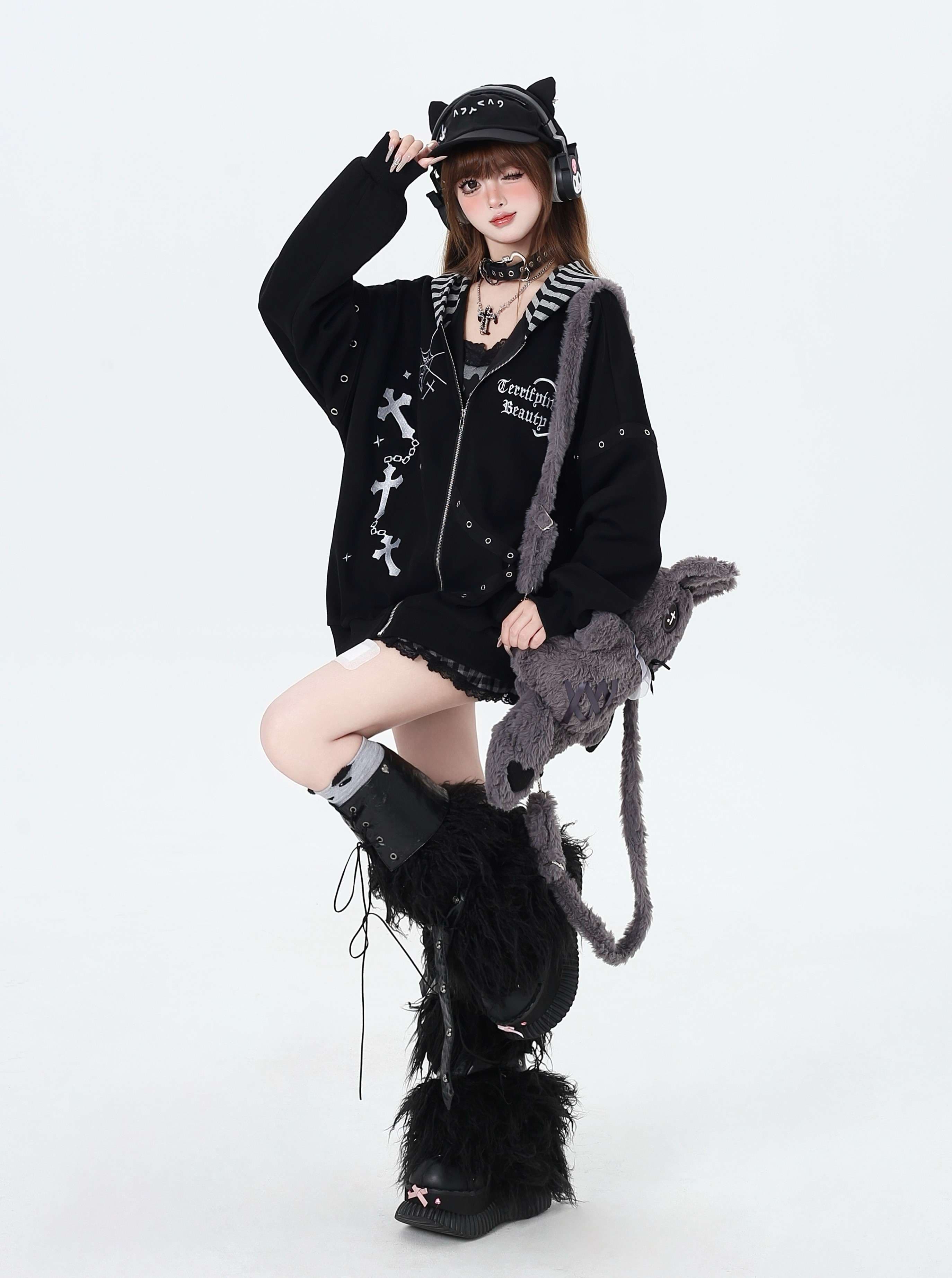 パンクファッション オーバーサイズジップパーカー