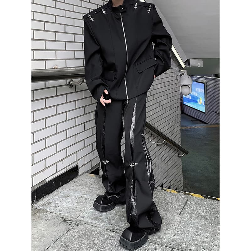 パンクファッション メタル金具付きワイドカーゴパンツ