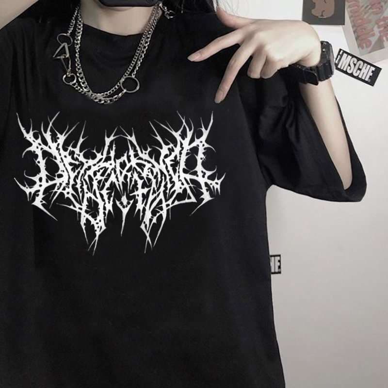 パンクファッション  メタル風ロゴプリント半袖Tシャツ
