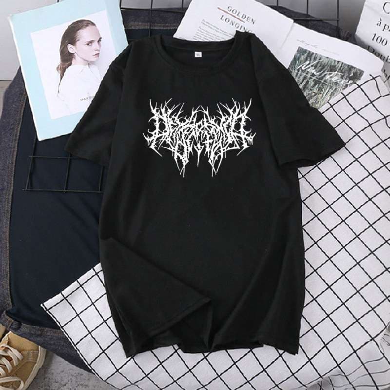 パンクファッション  メタル風ロゴプリント半袖Tシャツ