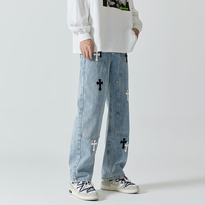 パンクファッション クロスステッチ デニムパンツ
