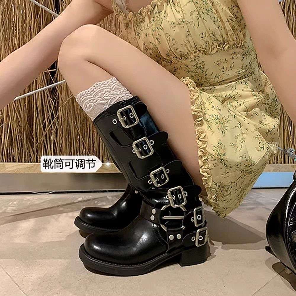パンクファッション バックル付きロングブーツ