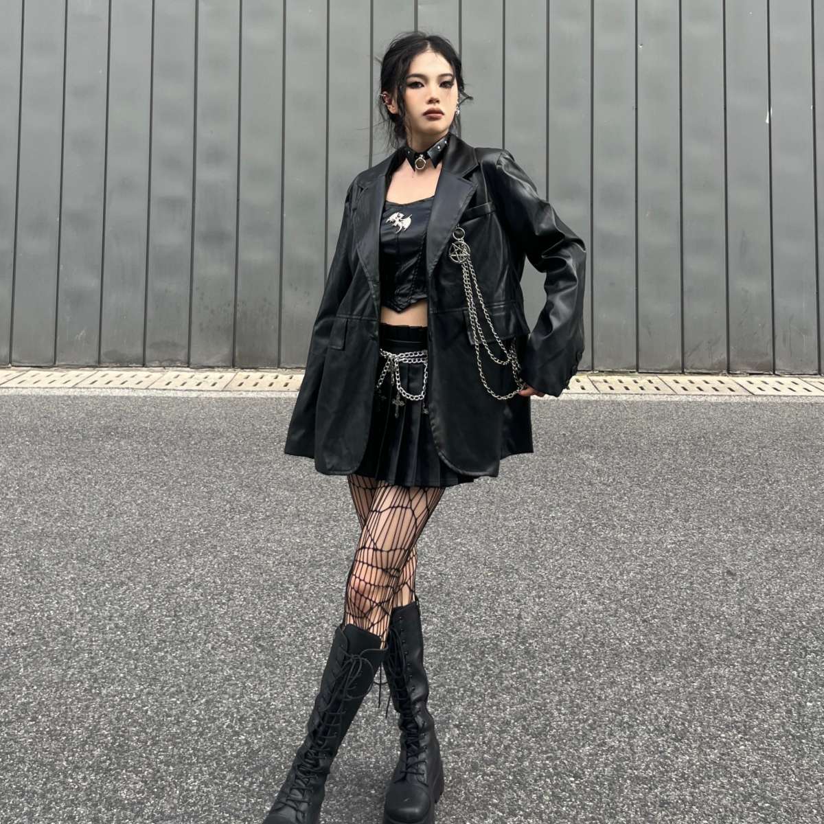 パンクファッション チェーン付きオーバーサイズレザージャケット