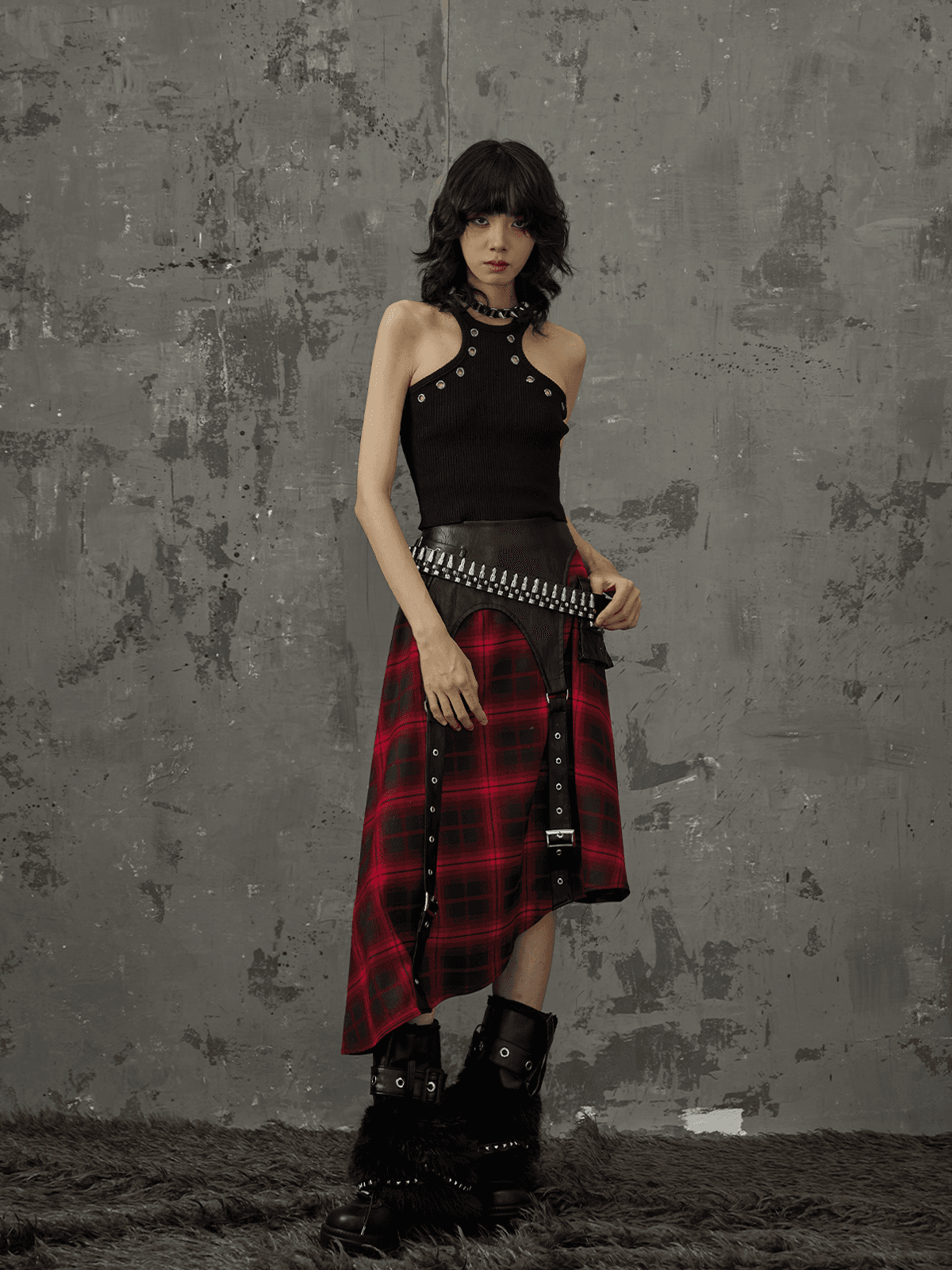 パンクファッション  アシンメトリーチェックスカート