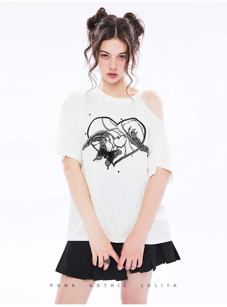 パンクファッション  ハート柄プリント切り抜きTシャツ
