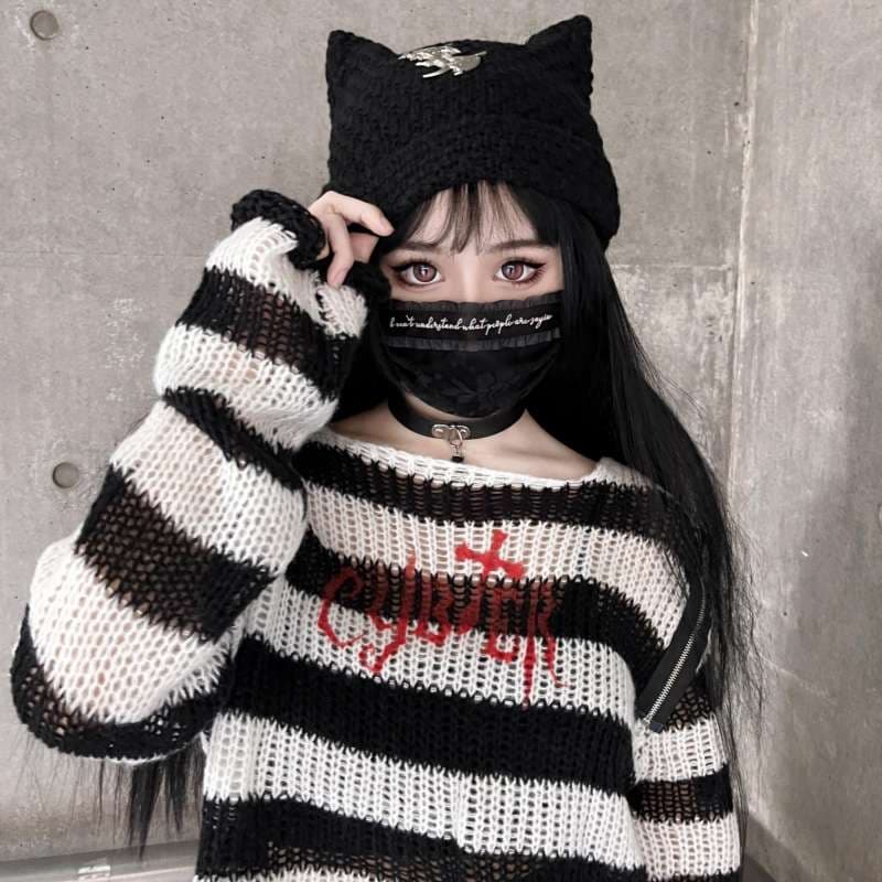 パンクファッション 猫耳付きy2k小悪魔風ニット帽