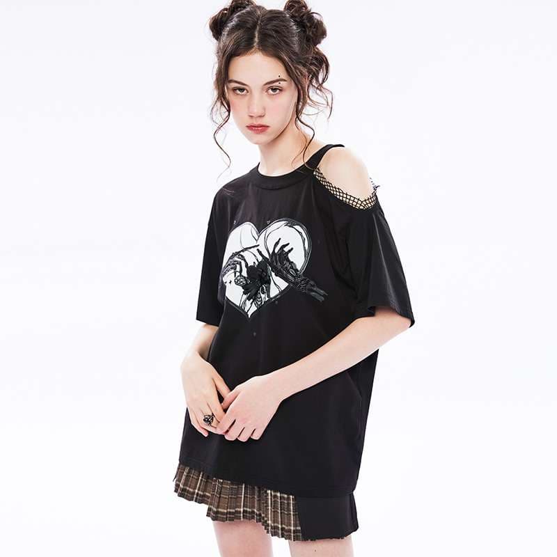 パンクファッション  ハート柄プリント切り抜きTシャツ