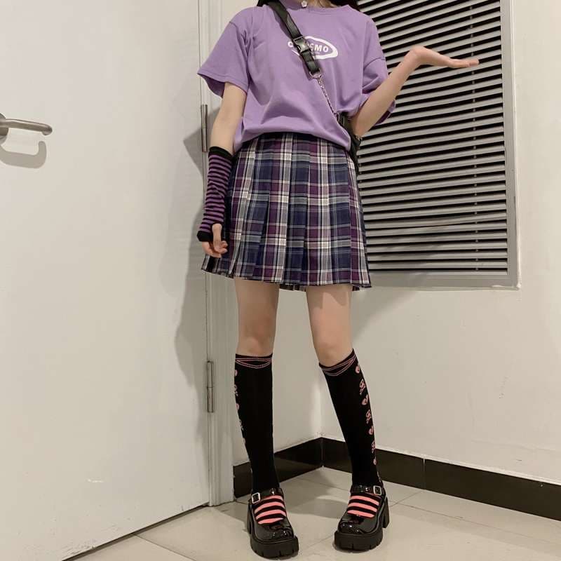パンクファッション  ハートドクロ柄ニーハイソックス
