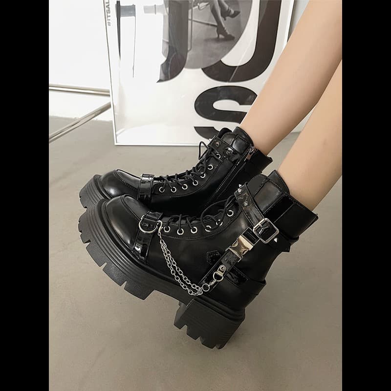 パンクファッション 厚底ベルトブーツ レースアップ 合皮レザー パンク系 靴
