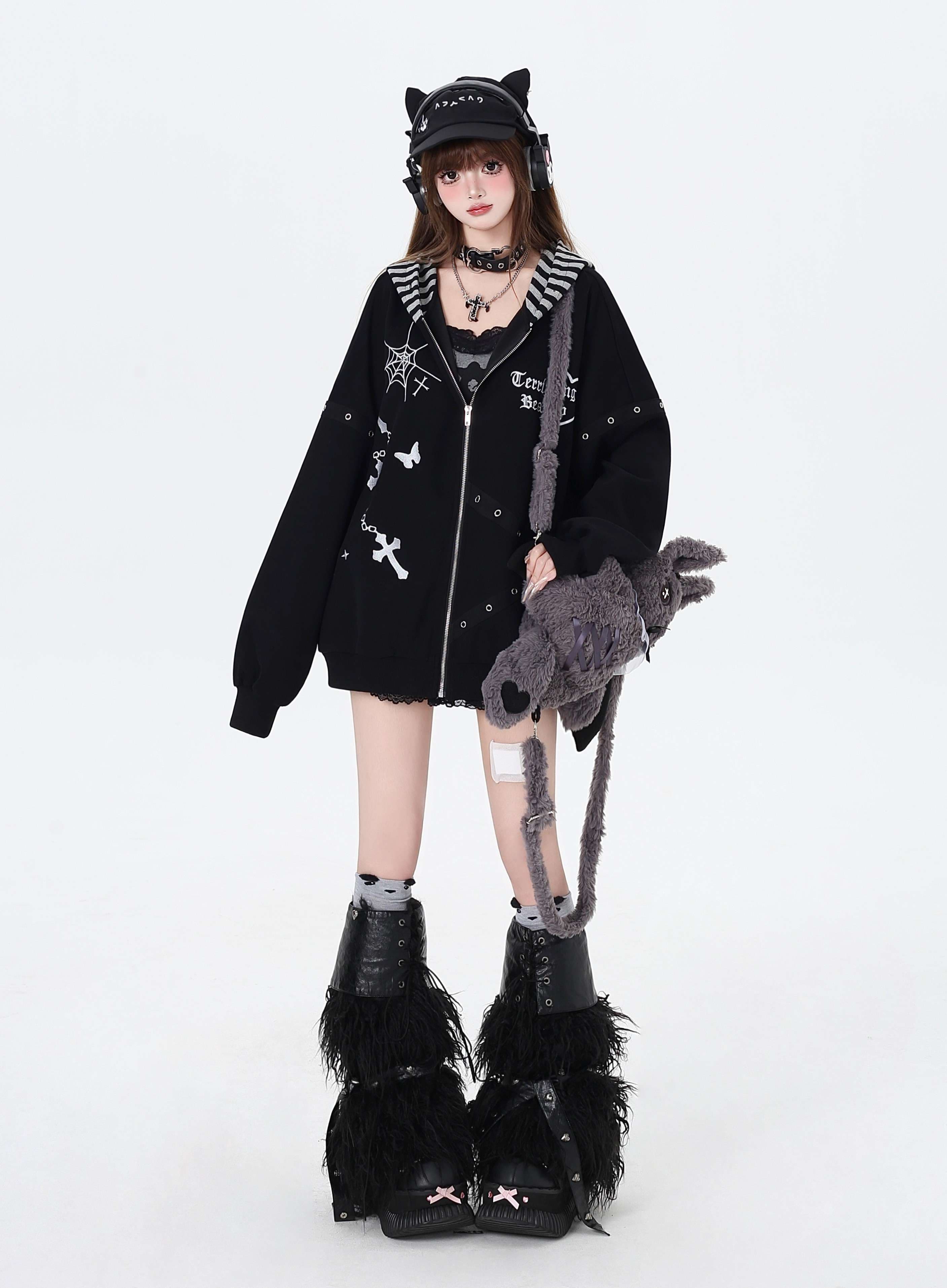 パンクファッション オーバーサイズジップパーカー