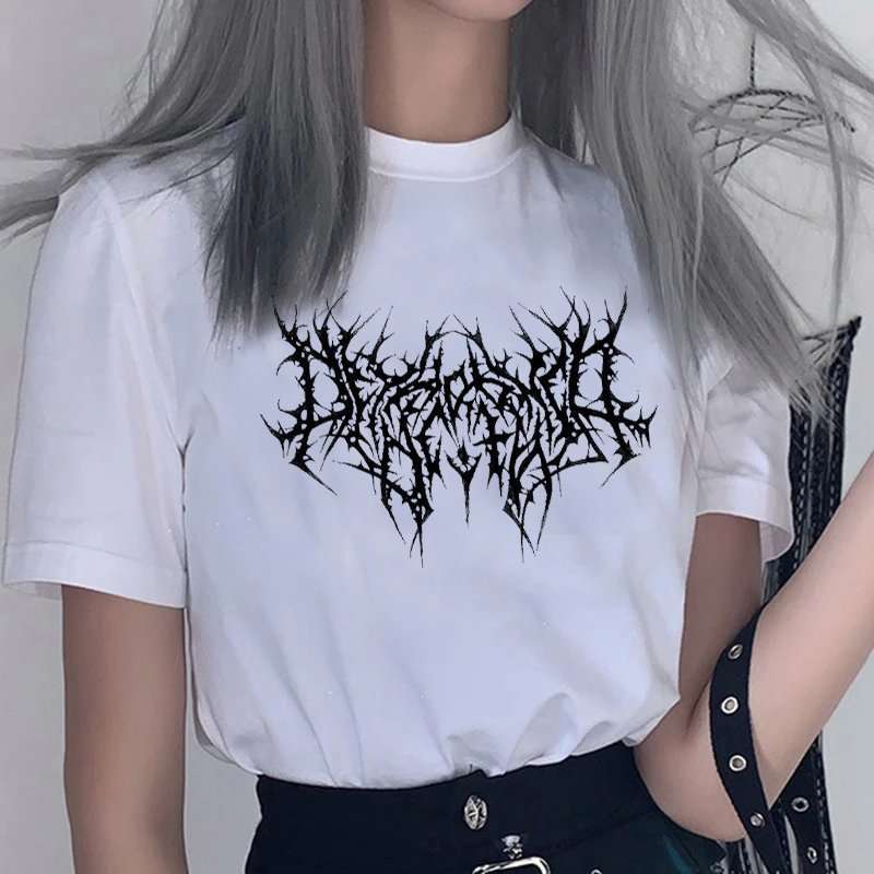 パンクファッション  メタル風ロゴプリント半袖Tシャツ