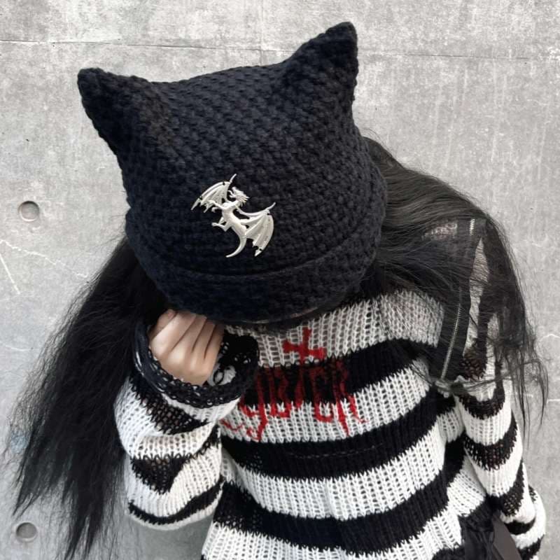パンクファッション 猫耳付きy2k小悪魔風ニット帽