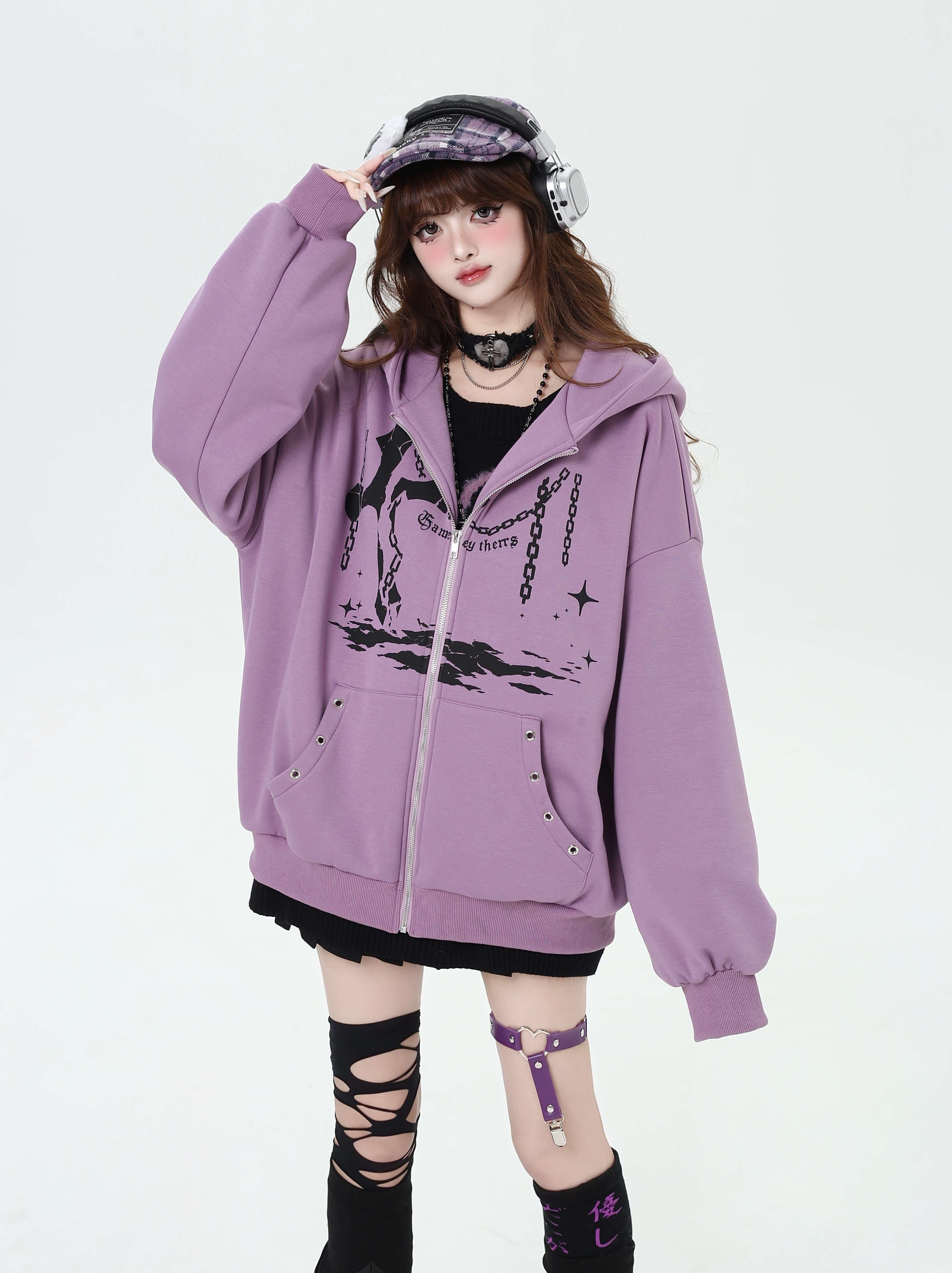 パンクファッション 十字架装飾 モード系ジップパーカー