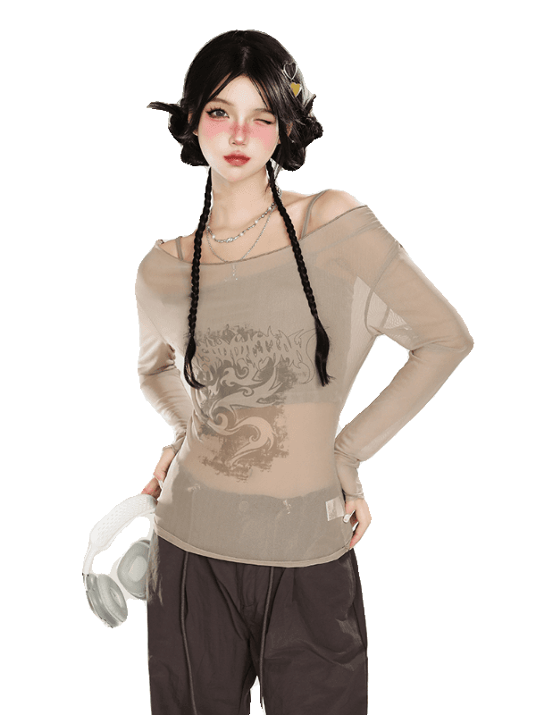 パンクファッション  ドラゴン柄オフショルダーロングTシャツ
