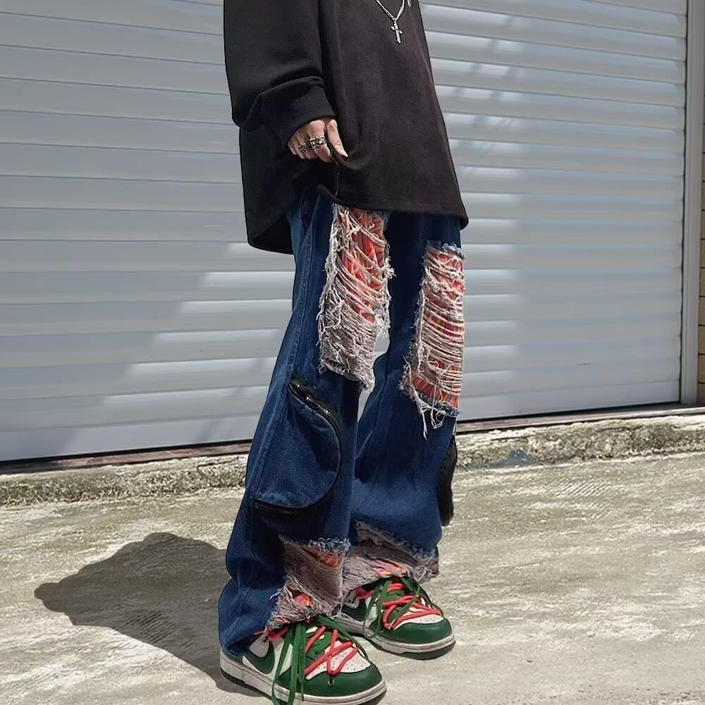 パンクファッション ダメージ加工デニムワイドパンツ