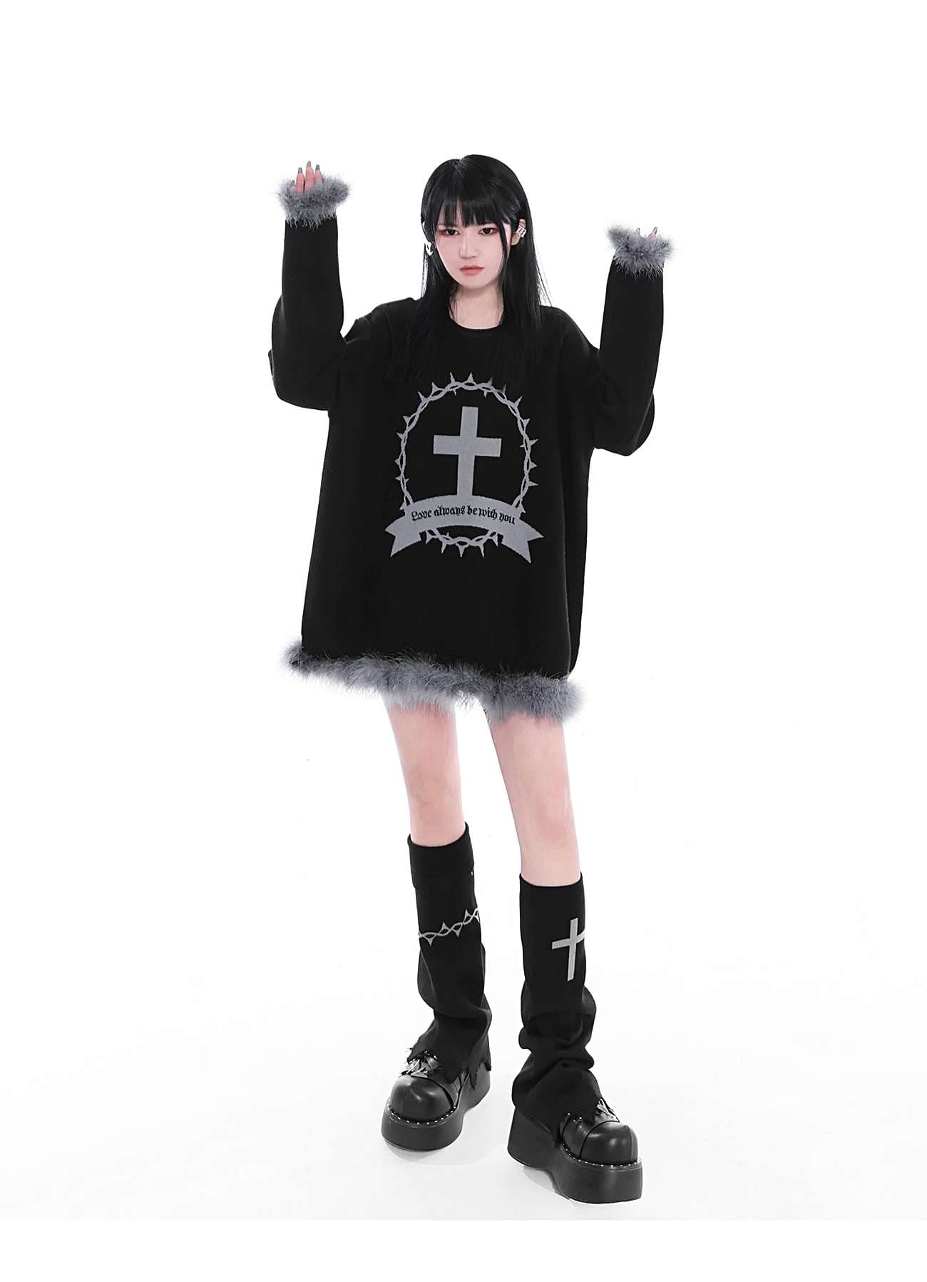 パンクファッション 十字架装飾ゴシックファートリム長袖ワンピース