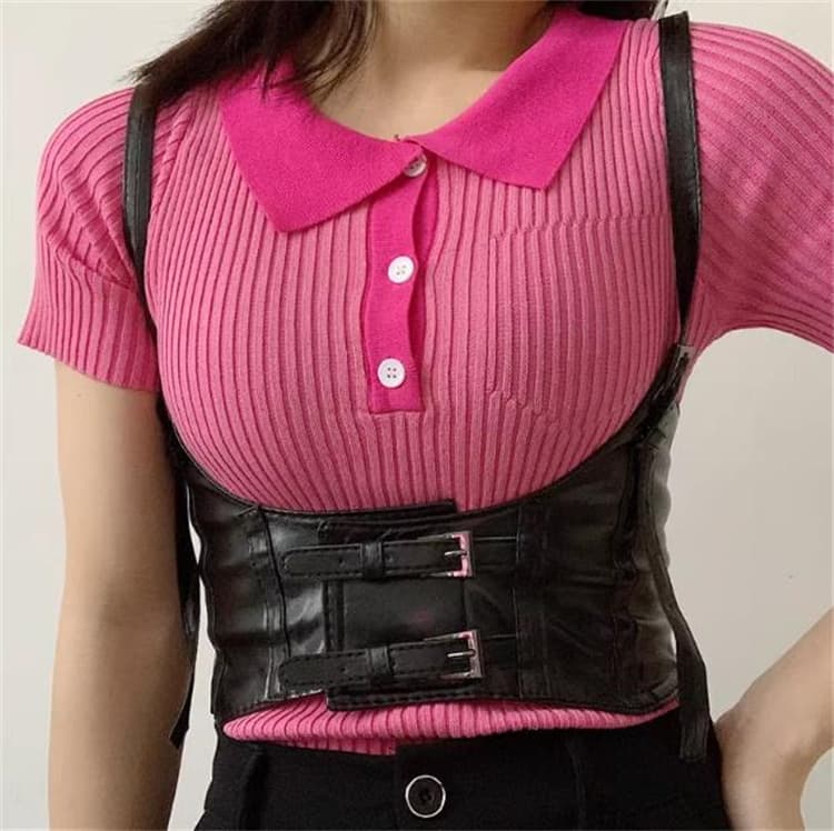 パンクファッション パンク風レザーコルセットベルト黒装飾腰締めウエストベルト