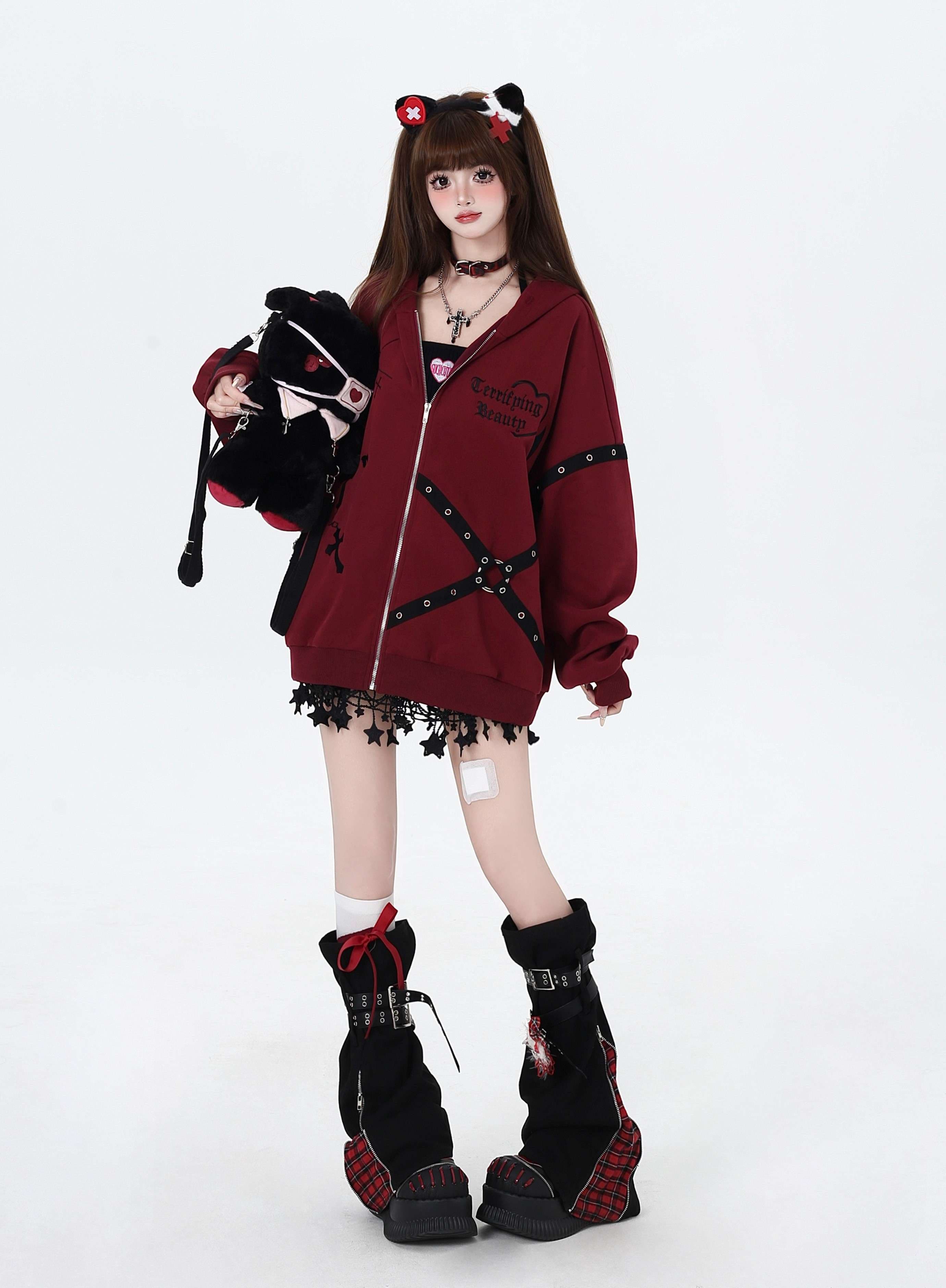 パンクファッション オーバーサイズジップパーカー