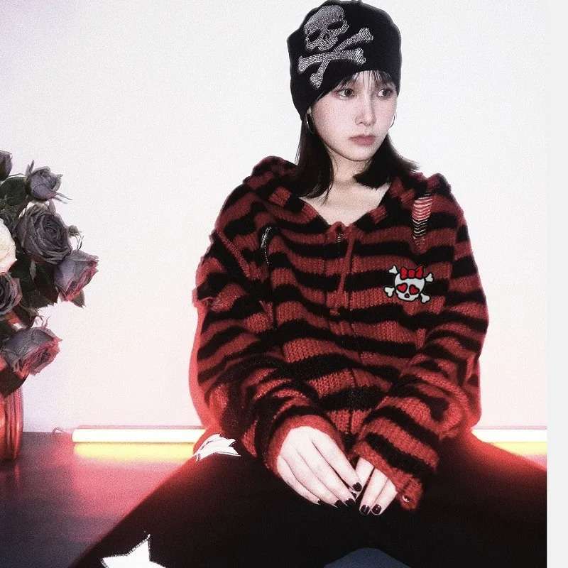 パンクファッション  ボーダーニットパーカー