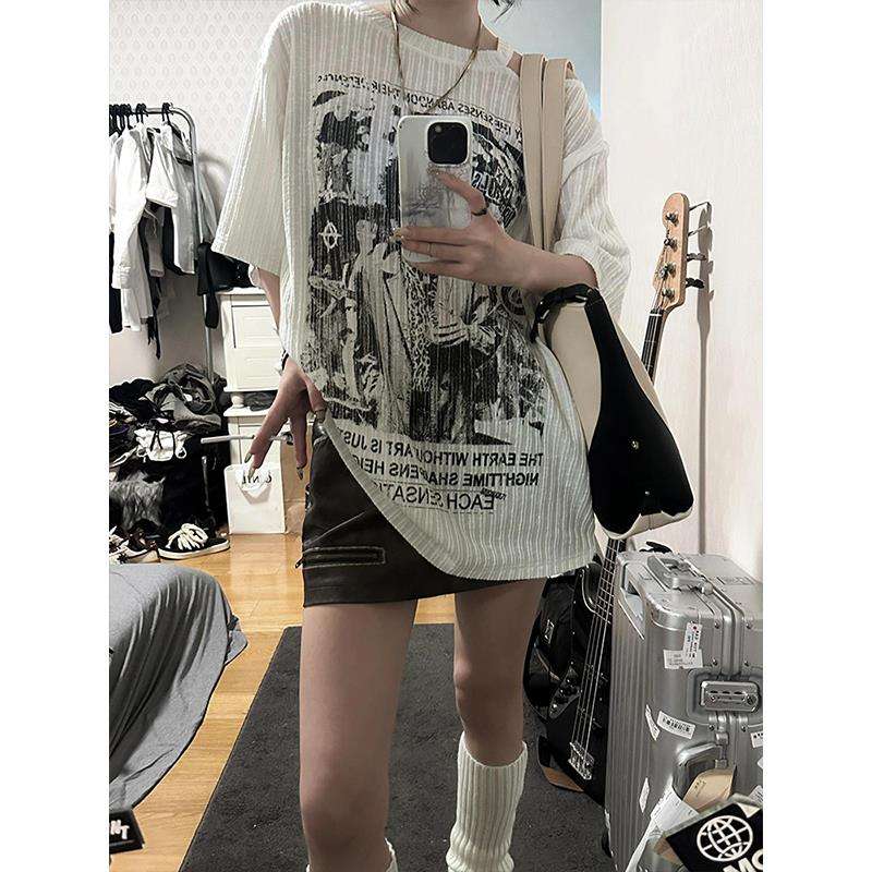 パンクファッション  スカル柄ゴシックオーバーサイズTシャツ トップス